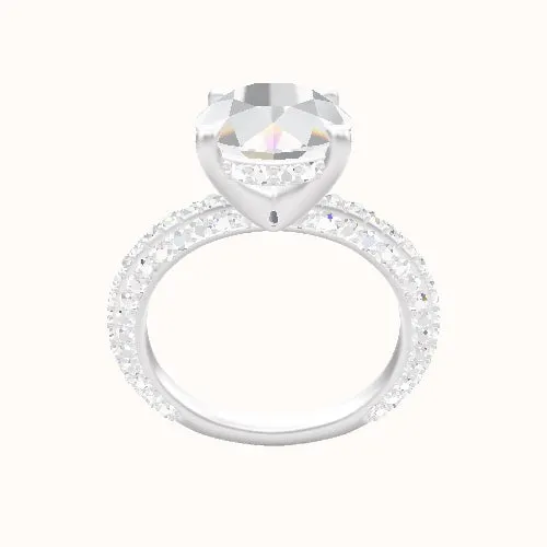 3/4 Three Row Pave Engagement Ring With V Prong with Hidden Halo Head