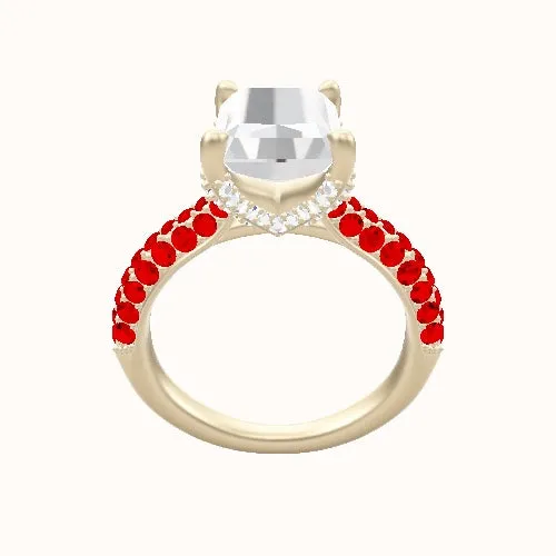 Cathedral Three Row Pave Engagement Ring With Double Pave V Prong Head