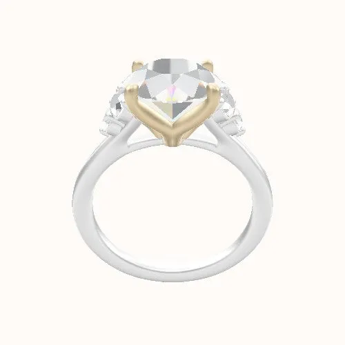 Plain Band with Round Sidestone Trio Engagement Ring With Petal Four Prong Head